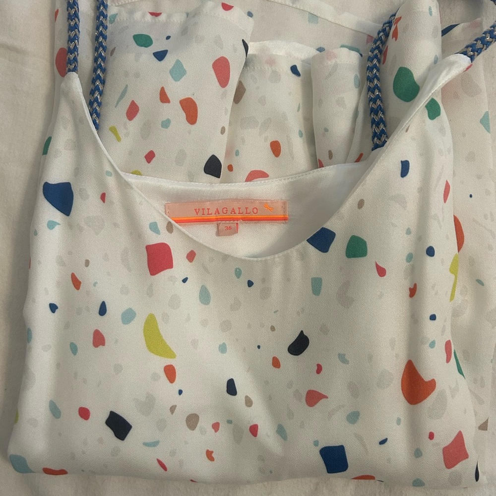 Vilagallo White Silk Top with Multicolor Spot Print